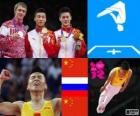 Podium Gymnastique à tremplin masculin, Dong Dong (Chine), Dmitry Ouchakov (Russie) et Lu Chunlong (Chine) - Londres 2012-