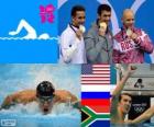 Podium natation style 100 m papillon hommes, Michael Phelps (Etats-Unis), Ievgueni Korotychkine (Russie), Chad le Clos (Afrique du Sud) - Londres 2012-