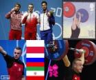 Podium haltérophilie de 85 kg hommes, Adrian Frantsevich (Pologne), remise en forme (Iran) - Londres 2012 - Kianoush Rostami et Aujadov (Russie)