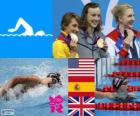 Podium natation 800 m style libre féminin, Katie Ledecky (États-Unis), Mireia Belmonte (Espagne) et Rebecca Adlington (Royaume Uni) - Londres 2012-