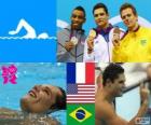 Podium natation 50 m nage libre hommes, Florent Manaudou (France), Cullen Jones (États-Unis) et César Cielo (Brésil) - Londres 2012-