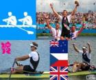Podium d'aviron Skiff homme, Mahe Drysdale (Nouvelle Zélande), Ondřej Synek (République tchèque) et Alan Campbell (Royaume Uni) - Londres 2012-