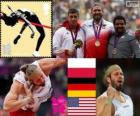 Podium Athlétisme lancer du poids hommes, Tomasz Majewski (Pologne), David Storl (Allemagne) et Reese Hoffa (États-Unis) - Londres 2012-
