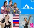 Podium natation 200 m dos femmes, Missy Franklin (États-Unis), Anastasia Zoueva (Russie) et Elizabeth Beisel (États-Unis) - Londres 2012-