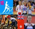 Podium Cyclisme sur piste Keirin féminin, Victoria Pendleton (Royaume Uni), Guo Shuang (Chine) et Lee Wai-Sze (Hong Kong) - Londres 2012-