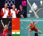 Podium Badminton simple dames, Li Xuerui (Chine), Wang Yihan (Chine) et Saina Nehwal (Inde) - Londres 2012-