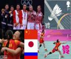 Podium Badminton double féminin, Tian Qing Zhao Yunlei (Chine), Mizuki Fujii Reika Kakiiwa (Japon) et Valeria Sorokina, Nina Vislova (Russie) - Londres 2012-