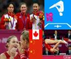 Podium gymnastique à tremplin féminin, Rosannagh Maclennan (Canada), Huang Shanshan et il Wenna (Chine) - Londres 2012-