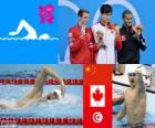 Podium natation 1500 m nage libre hommes, Sun Yang (Chine), Ryan Cochrane (Canada) et Oussama Mellouli (Tunisie) - Londres 2012-