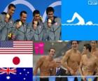 Podium natation relais 4 × 100 m 4 nages hommes,  États-Unis,  Japon et Australie - Londres 2012-