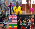 Podium athlétisme 10 000 m homme, Mohamed Farah (Royaume Uni), Galen Rupp (États-Unis) et Tariku Bekele (Ethiopie), Londres 2012
