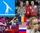 Podium gymnastique artistique saut de cheval femmes, Sandra Izbaşa (Roumanie), McKayla Maroney (Etats-Unis) et Maria Paseka (Russie), Londres 2012