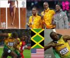 Podium d'athlétisme 100 mètres hommes, Usain Bolt, Yohan Blake (Jamaïque) et Justin Gatlin (États-Unis), Londres 2012
