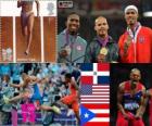 Podium d'athlétisme 400 m haies hommes, Felix Sanchez (République dominicaine), Michael Tinsley (États-Unis) et Javier Culson (Porto Rico), Londres 2012