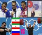 Podium Haltérophilie plus de 105 kg, Behdad Salimikordasiabi, Sajjad Anoushiravani (Iran) et Ruslan Albegov (Russie) - Londres 2012-