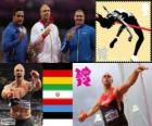 Podium athlétisme lancer du disque hommes Robert Harting (Allemagne), Ehsan Hadadi (Iran) et Gerd Kanter (Estonie), Londres 2012