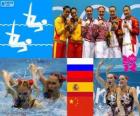 Podium natation synchronisée duo, Natalia Ishchenko, Svetlana Romashina (Russie), Ona Carbonell, Andrea Fuentes (Espagne) et Huang Xuechen, Liu Ou (Chine), Londres 2012