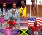Podium athlétisme 110 m haies hommes, Aries Merritt, Jason Richardson (États-Unis) et Hansle Parchment (Jamaïque), Londres 2012