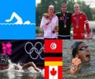 Podium natation 10 km hommes, Oussama Mellouli (Tunisie), Thomas Lurz (Allemagne) et Richard Weinberger (Canada), Londres 2012