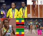 Podium athlétisme 5 000 m femmes, Meseret Defar (Ethiopie), Vivian Cheruiyot (Kenya) et Tirunesh Dibaba (Ethiopie), Londres 2012