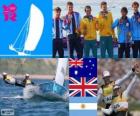 Podium voile 470 masculin, Mathew Belcher, Malcolm Page (Australie), Luke Patience et Stuart Bithell (Royaume Uni) et Lucas Calabrese, Juan de la Fuente (Argentine), Londres 2012