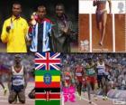 Podium d'athlétisme 5.000 m hommes, Mohamed Farah (Royaume Uni), Dejen Gebremeskel (Éthiopie) et Thomas Longosiwa (Kenya), Londres 2012