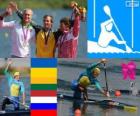 Podium course en ligne C1 200 m, Yuri Cheban (Ukraine), Jevgenijus Šuklinas (Lituanie) et Ivan Shtyl (Russie), Londres 2012