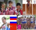 Podium d'athlétisme 20 kilomètres marche féminin, Elena Lashmanova, Olga Kaniskina (Russie) et Qieyang Shenjie (Chine), Londres 2012