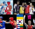 Podium boxe légers - 60 kg hommes, Vasyl Lomachenko (Ukraine), Han Soon-Chul (République de Corée), Yasniel Toledo (Cuba) et Evaldas Petrauskas (Lituanie) - Londres 2012 -