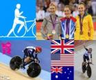 Podium cyclisme sur piste omnium féminin, Laura Trott (Royaume Uni), Sarah Hammer (États-Unis) et Annette Edmonson (Australie), Londres 2012