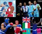 Podium boxe super-lourds plus de 91 kg hommes, Anthony Joshua (Royaume Uni), Roberto Cammarelle (Italie), Magomedrasul Majidov (Azerbaïdjan) et Ivan Dychko (Kazakhstan), Londres 2012