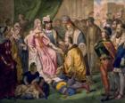 Columbus parler à la reine Isabelle Ire de Castille, dans la cour de Ferdinand et Isabelle