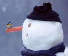 Bonhomme de neige avec un oiseau sur le nez