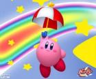 Kirby avec un parapluie volant parmi les étoiles et le arc-en-ciel