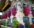 Maison au printemps avec des fleurs aux fenêtres