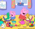 Peppa Pig et George avec leurs nouveaux animaux, ours et dinosaure