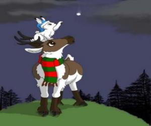 Puzzle Rennes de Noël avec un foulard et un lapin blanc par-dessus sa tête, il veut attraper une étoile