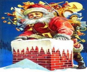 Puzzle Sainte Claus en entrant par ce cheminné chargé avec de nombreux cadeaux