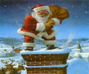 Puzzle Sainte Claus en entrant par ce cheminné chargé avec de nombreux cadeaux