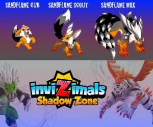 Puzzle Sandflame Cub, Sandflame Scout, Sandflame Max. Invizimals Shadow Zone. Ces Invizimals ont protégé pendant des siècles les tombeaux des pharaons