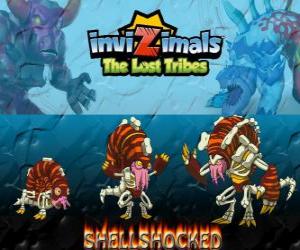 Puzzle Shellshocked, dernière évolution. Invizimals The Lost Tribes. Une créature magique excentrique qui vit seule dans les grottes