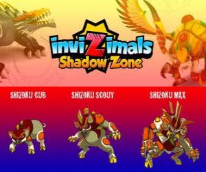 Puzzle Shizoku Cub, Shizoku Scout, Shizoku Max. Invizimals Shadow Zone. Un cochon samouraï qui vient du Japon féodal, un guerrier en armure