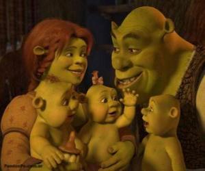 Puzzle Shrek et Fiona amour et très heureux avec leurs trois enfants