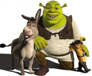 Puzzle Shrek, l'ogre avec ses amis, l'Âne et le Chat Botté
