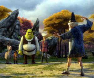 Puzzle Shrek, l'ogre avec ses amis, l'âne, le Chat Botté et Arthur, Merlin regarder