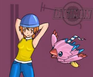 Puzzle Sora jouant avec son Biyomon Digimon. Sora Takenouchi est le plus responsable et mature du groupe