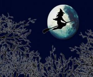 Puzzle Sorcierère volant de sa balai magique dans la nuit de l'Halloween