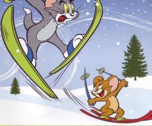 Puzzle Tom et Jerry à la neige avec des skis