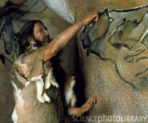 Puzzle Un artiste préhistorique en effectuant une peinture rupestre en représentant un buffle dans la paroi d'une grotte tandis que un dinosaure l'observe depuis l'extérieur de la caverne