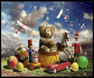 Puzzle Un ours en peluche assis sur un tambour, des balles et d'autres précieux cadeaux de Noël